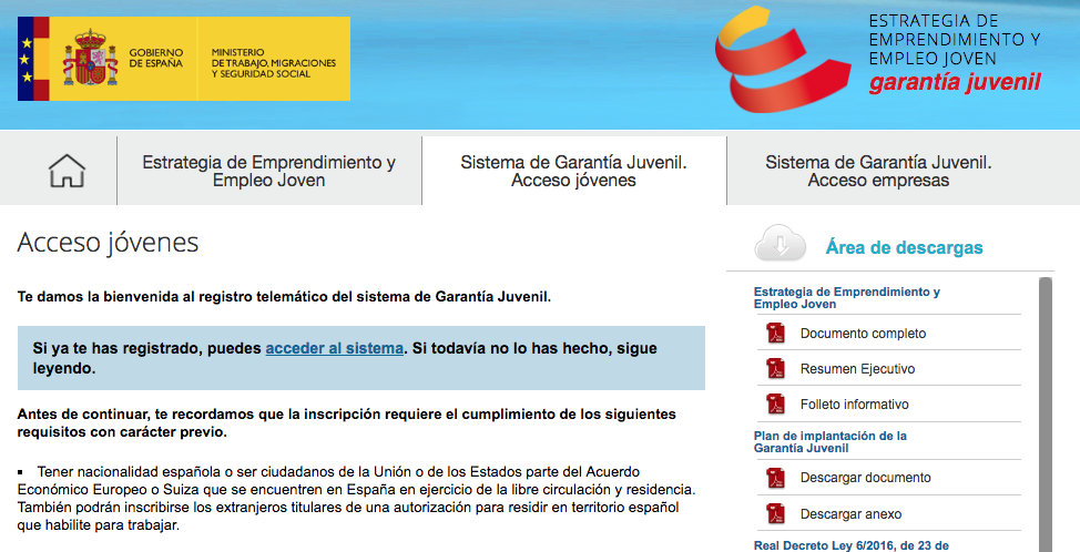 Acceso Jóvenes al Registro en el Fichero Nacional de Garantía Juvenil - Maude