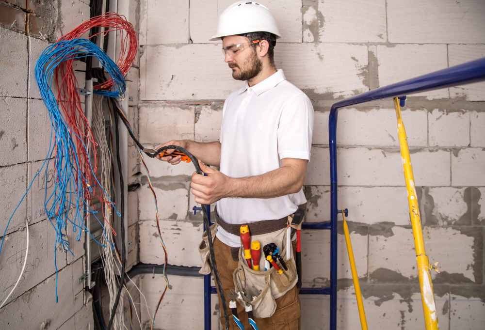 electricista trabajando cerca tablero cables instalacion conexion electricidad