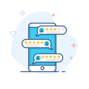 Review ,feedback, rating bubble speech on smartphone vector illustration, line mobile phone reviews stars / testimonials messages