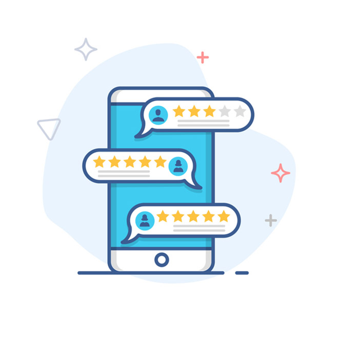 Review ,feedback, rating bubble speech on smartphone vector illustration, line mobile phone reviews stars / testimonials messages