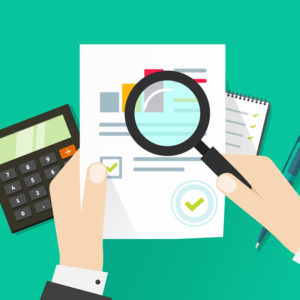 financial audit, auditing tax process, paper sheet with hands