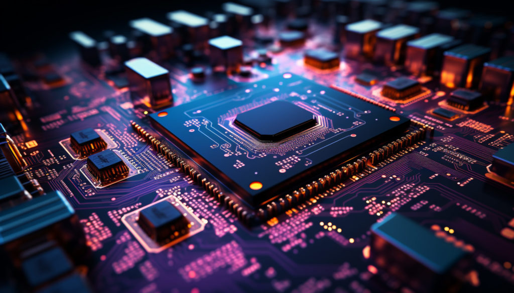Computer chip connects electrical components, powering global communications industry generated by AI