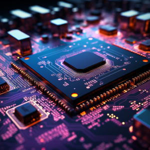 Computer chip connects electrical components, powering global communications industry generated by AI