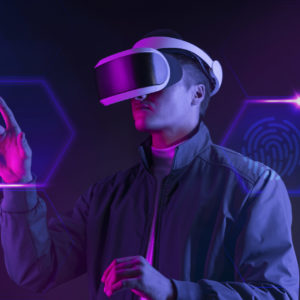 Man wearing smart glasses touching a virtual screen futuristic t