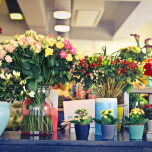 A flower shop display section with variety of flowers